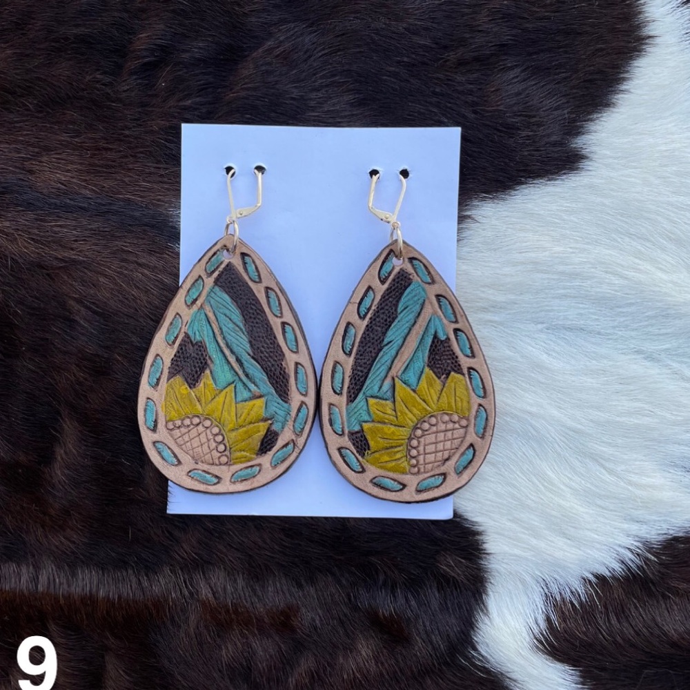 Hand tooled leather earrings
